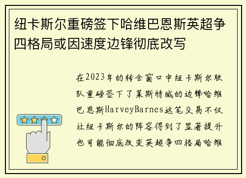 纽卡斯尔重磅签下哈维巴恩斯英超争四格局或因速度边锋彻底改写
